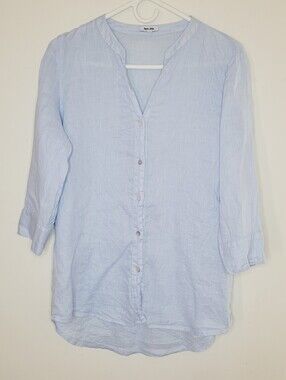 Puro Lino Linen Blue Button Down Top Women's Medium V-Neck 3/4 Sleeves Beachy